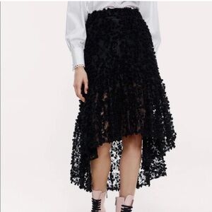 ZARA black texturized ruffle asymmetrical midi skirt